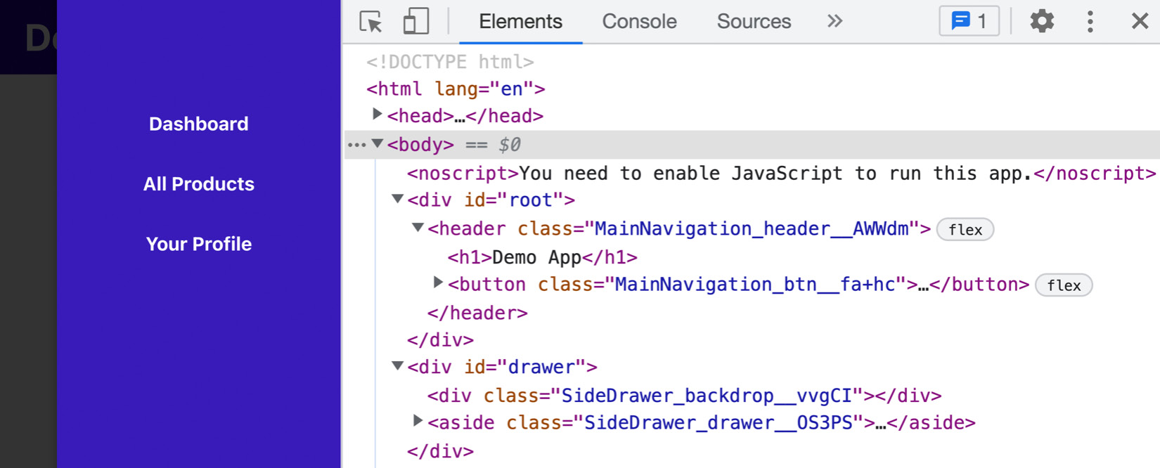 Figure 7.10: The drawer-related elements are inserted in a separate place in the DOM 
