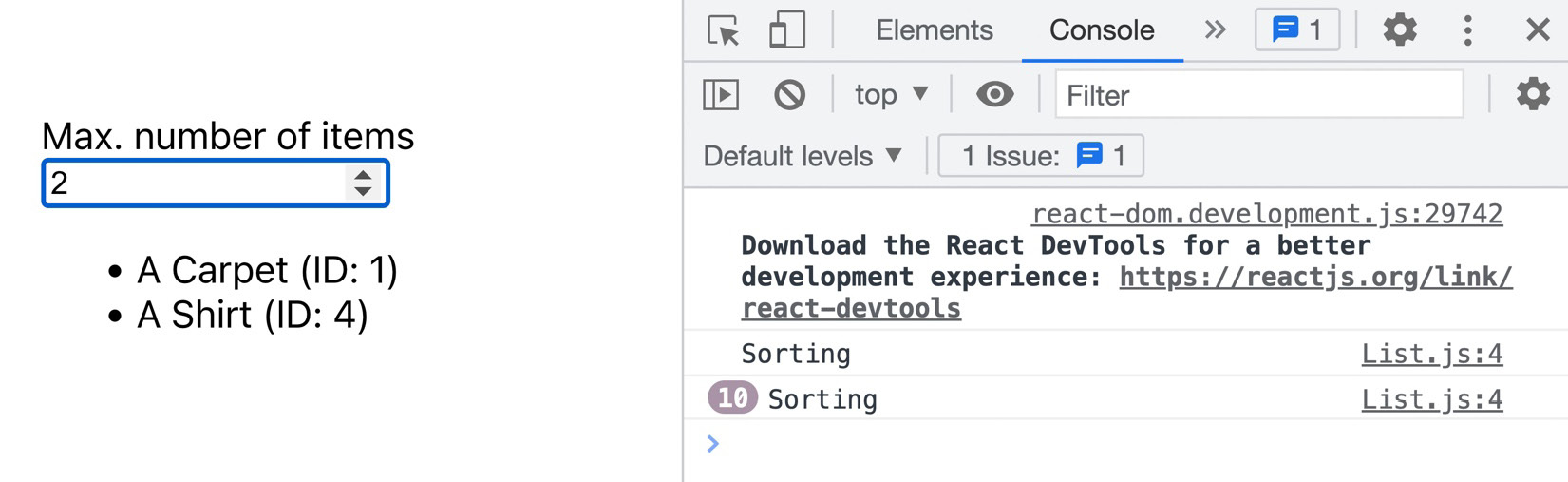 Figure 9.8: Multiple “Sorting” log messages appear in the console 