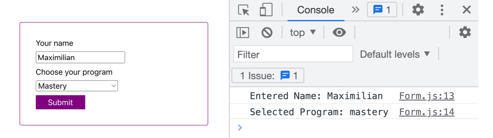Figure 7.8: The browser developer tools console outputs the selected values 
