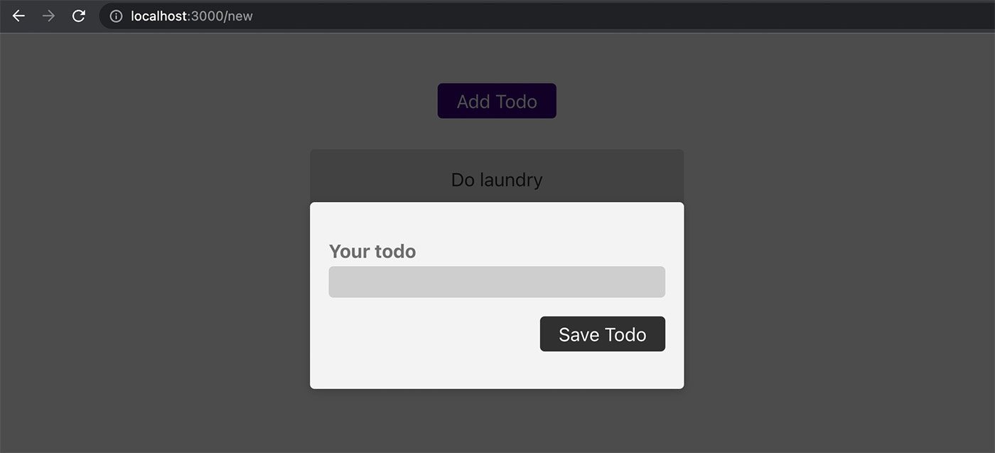 Figure 13.10: The /new page, opened as a modal, allowing users to add a new to-do 