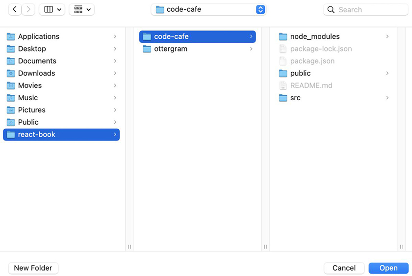Opening the Code Café folder