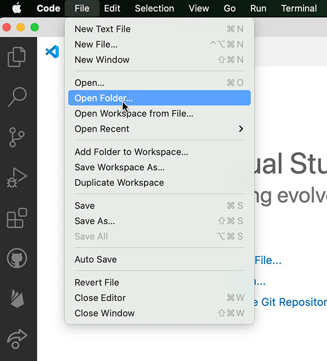 Opening a folder in Visual Studio Code