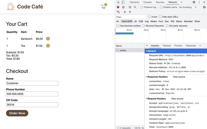 Orders submitted to the server