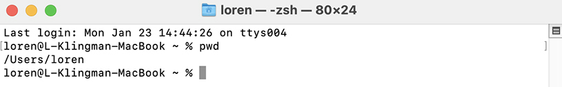 Showing the current path using pwd on a Mac