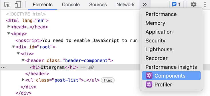 Opening the React DevTools