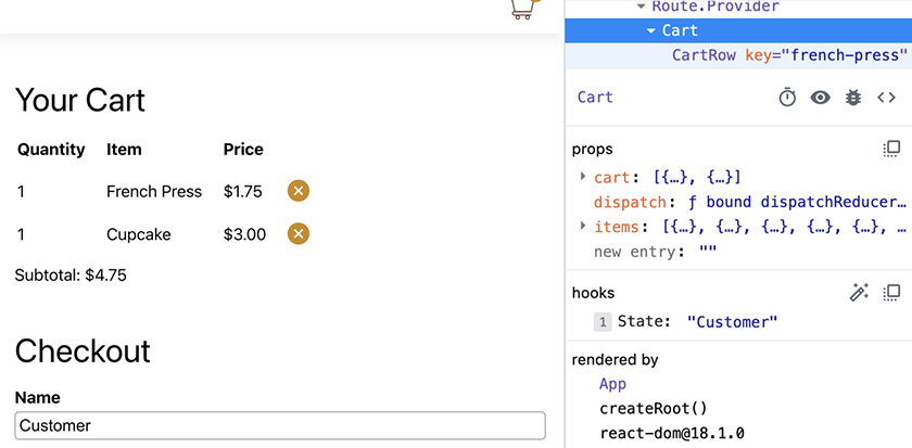 name state in the DevTools