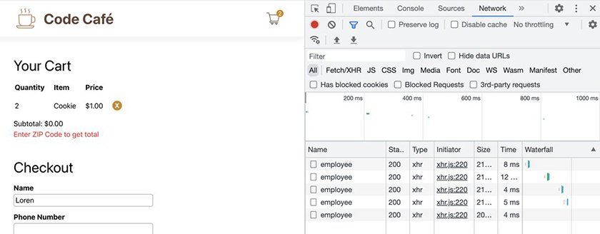 Network requests made while typing