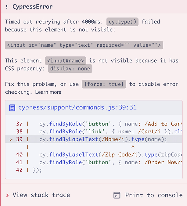 Cypress test failure