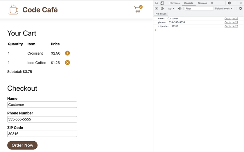 Input values in the console log