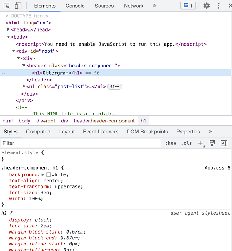 <h1> information in the Elements tab