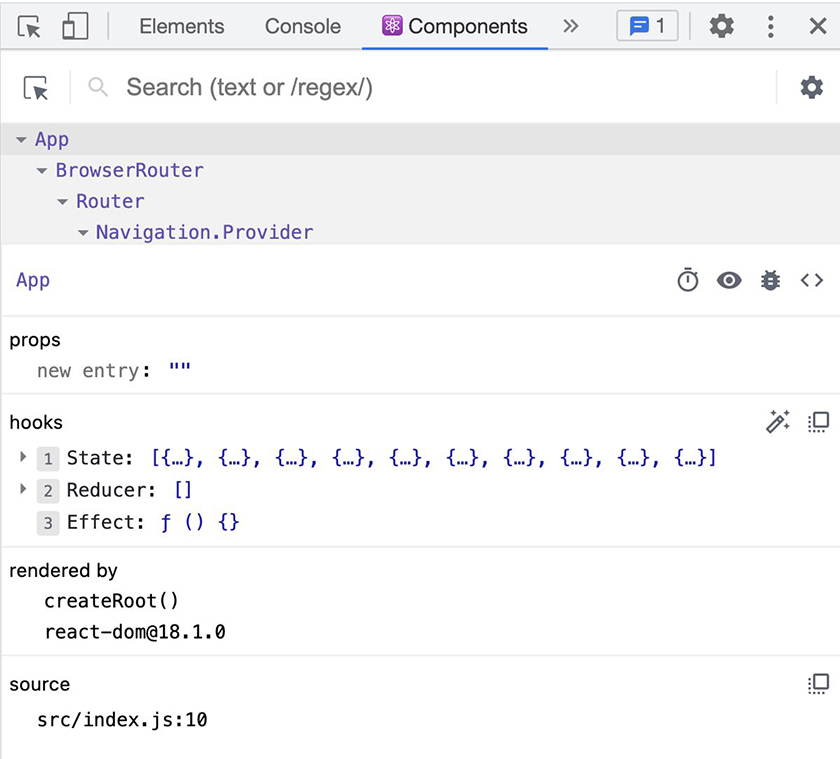 App component in the DevTools