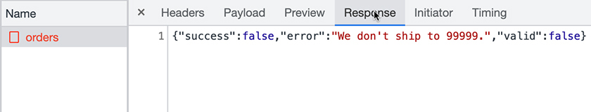 Error message in the Network tab