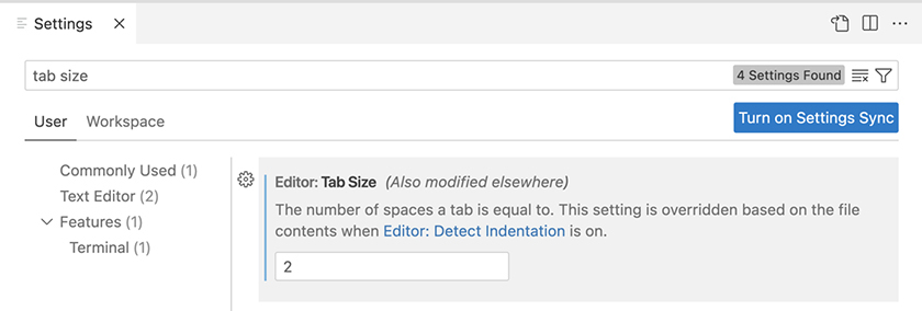 Updating tab size settings