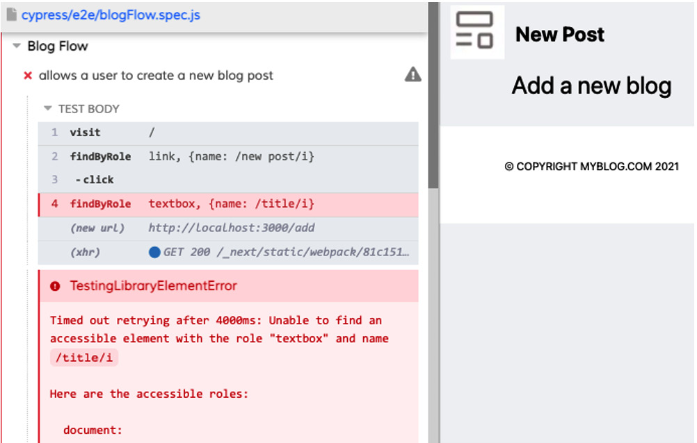Figure 7.13 – Blog Flow add page failure 