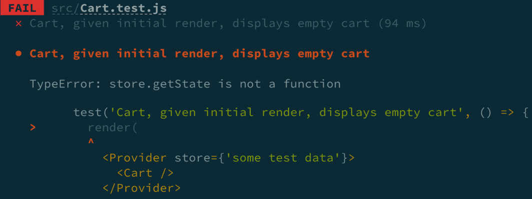 Figure 4.11 – Failed Cart Redux component test 