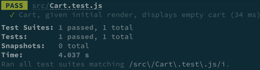 Figure 4.12 – Passing Cart Redux component test 