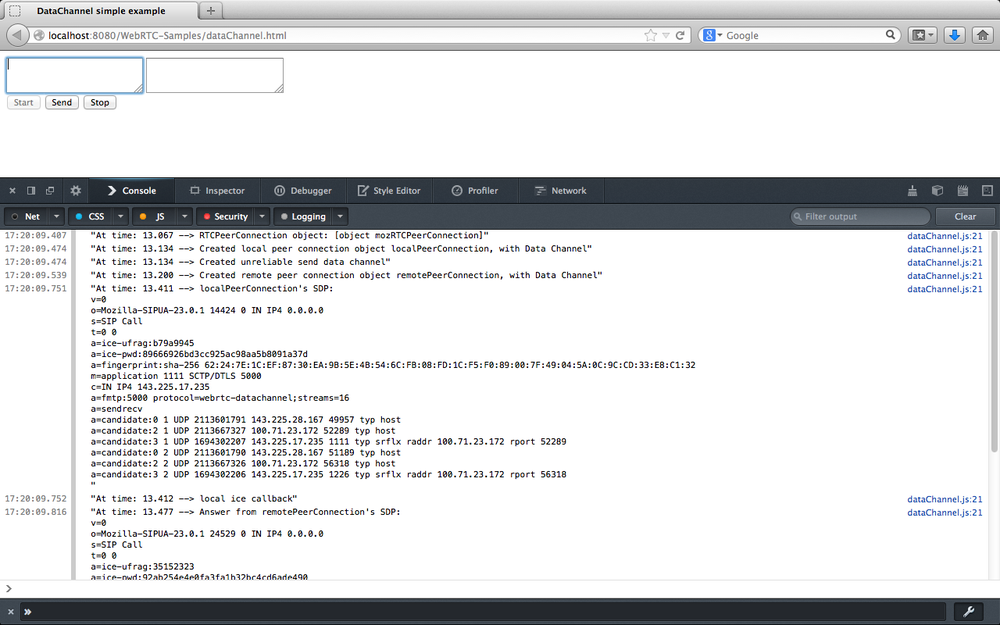 Starting the data channel application in Firefox