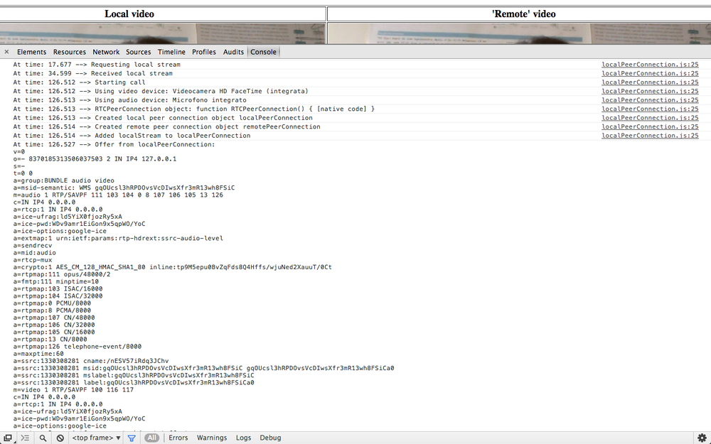 Chrome’s console tracking down a call between two local peers