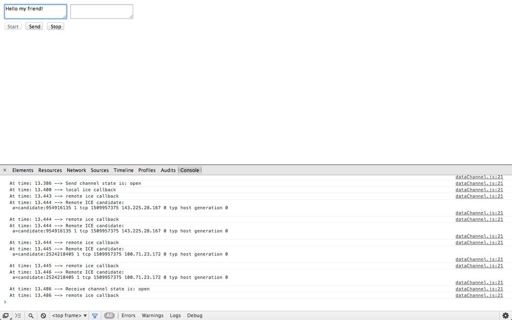 Getting ready to stream a message across the data channel in Chrome