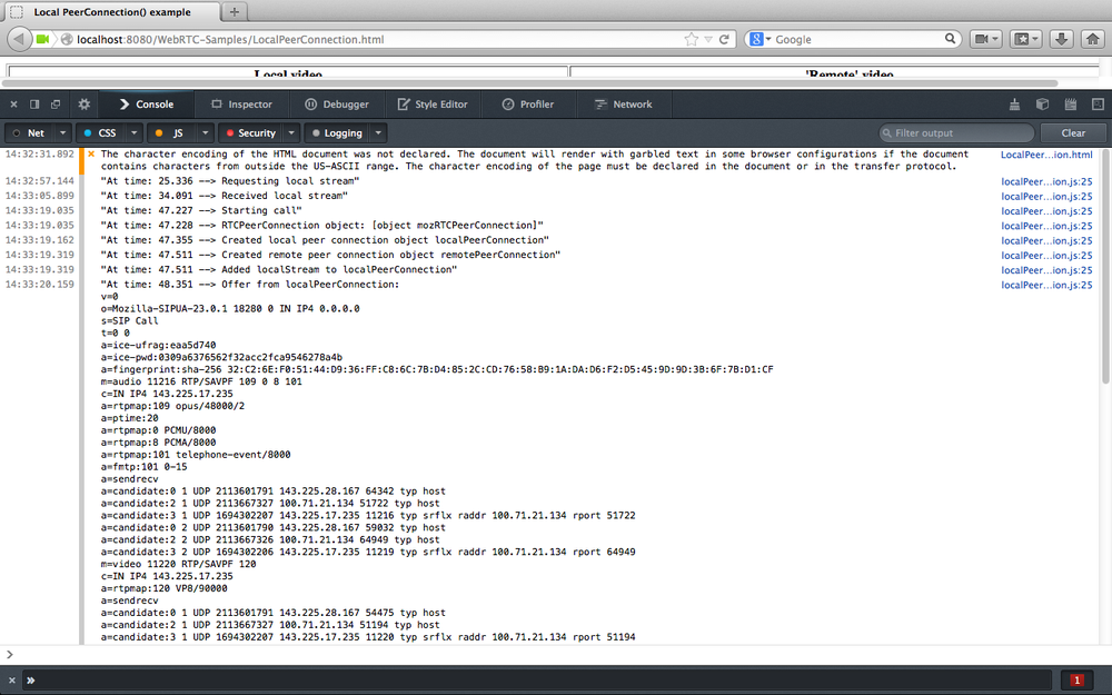 Firefox console tracking down a call between two local peers