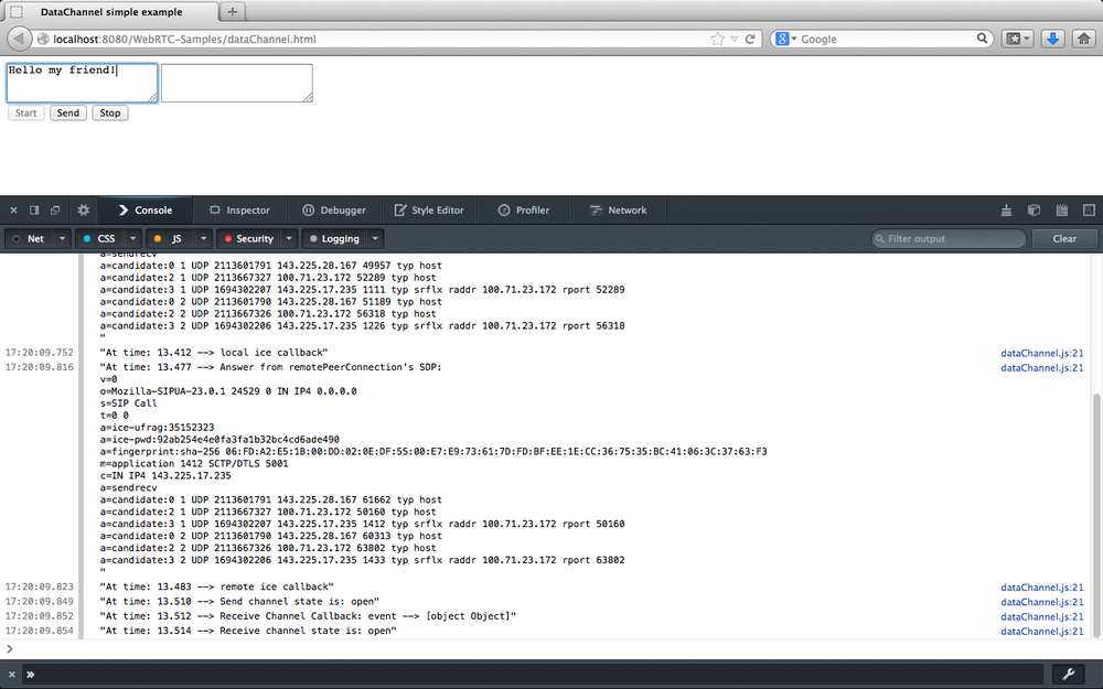 Getting ready to stream a message across the data channel in Firefox