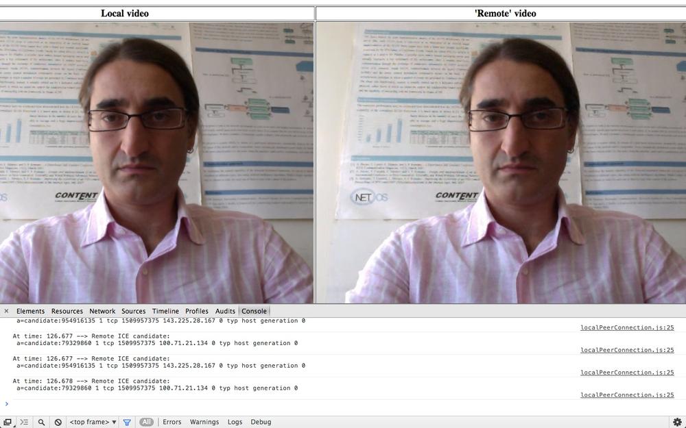 Chrome showing local and remote media after a successful call