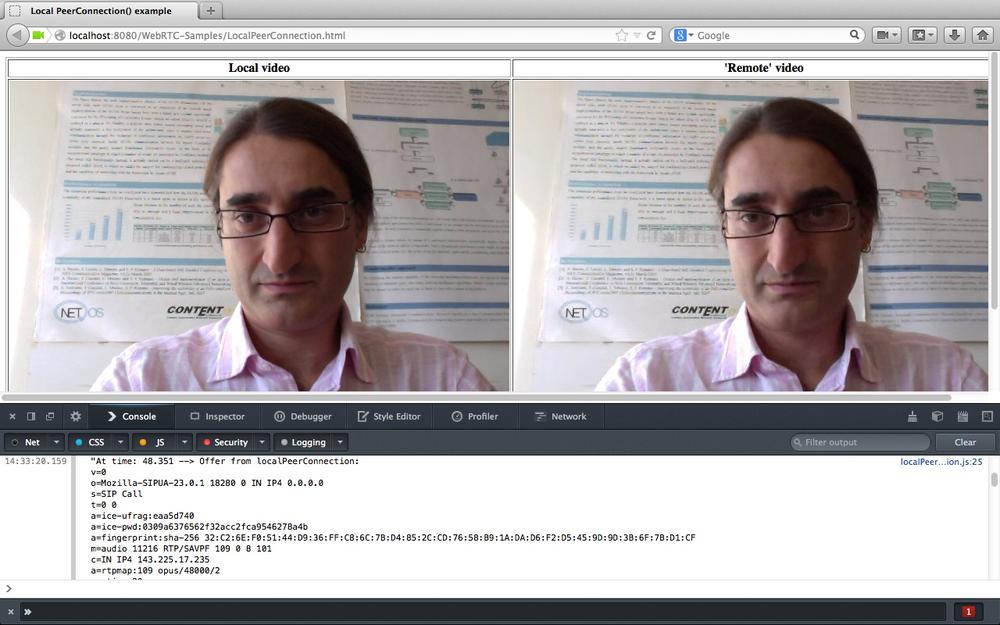 Firefox showing local and remote media after a successful call