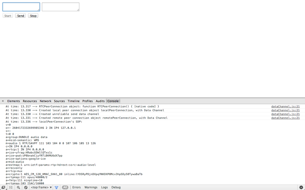 Starting the data channel application in Chrome