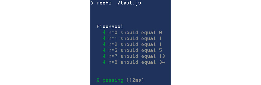 Figure 4.7: Testing the Fibonacci sequence with Mocha 